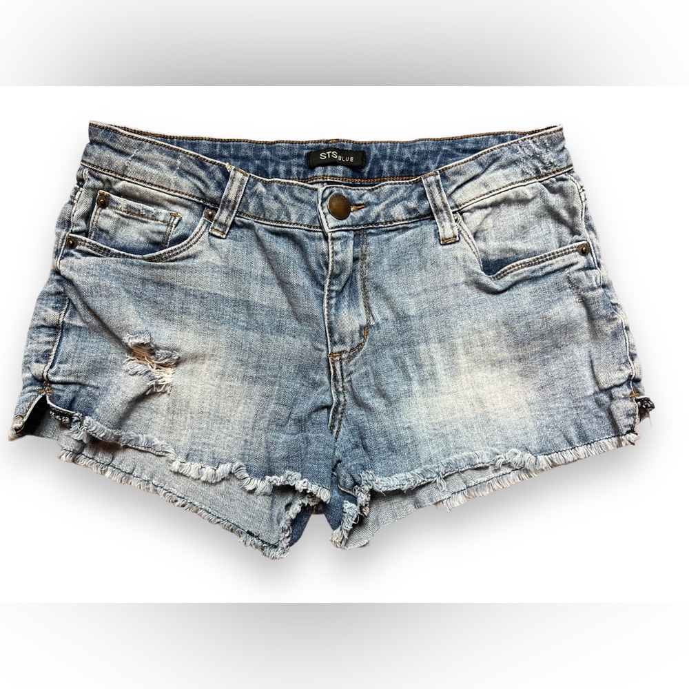 STS Blue Stretch Distressed White Wash Denim Cutoff Shorts, Size 28